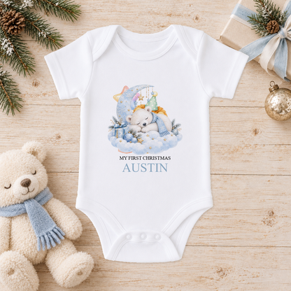 Personalised Sleepy Polar Bear baby Christmas vest with a custom name