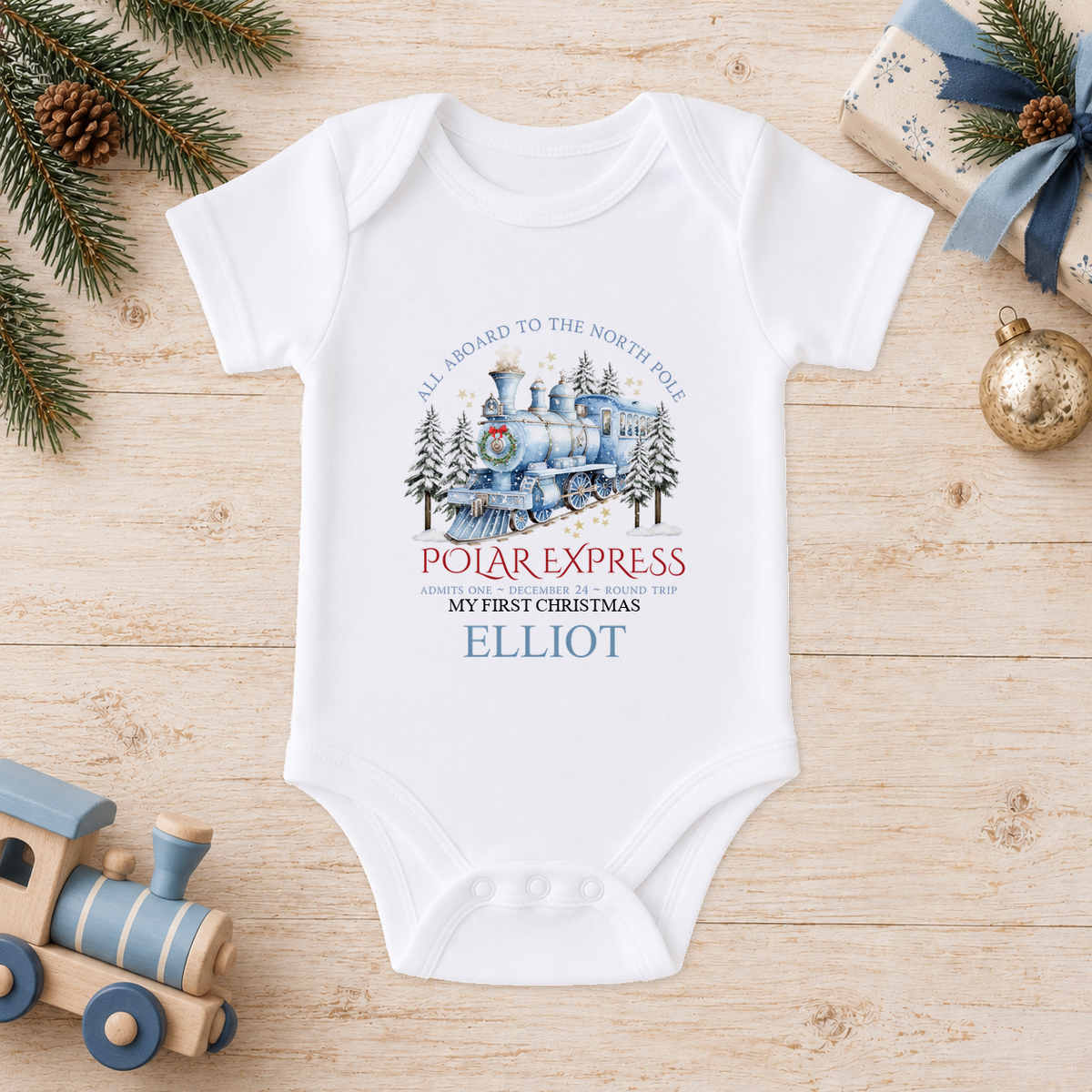Personalised All Aboard North Pole Train Blue baby Christmas vest with a custom name