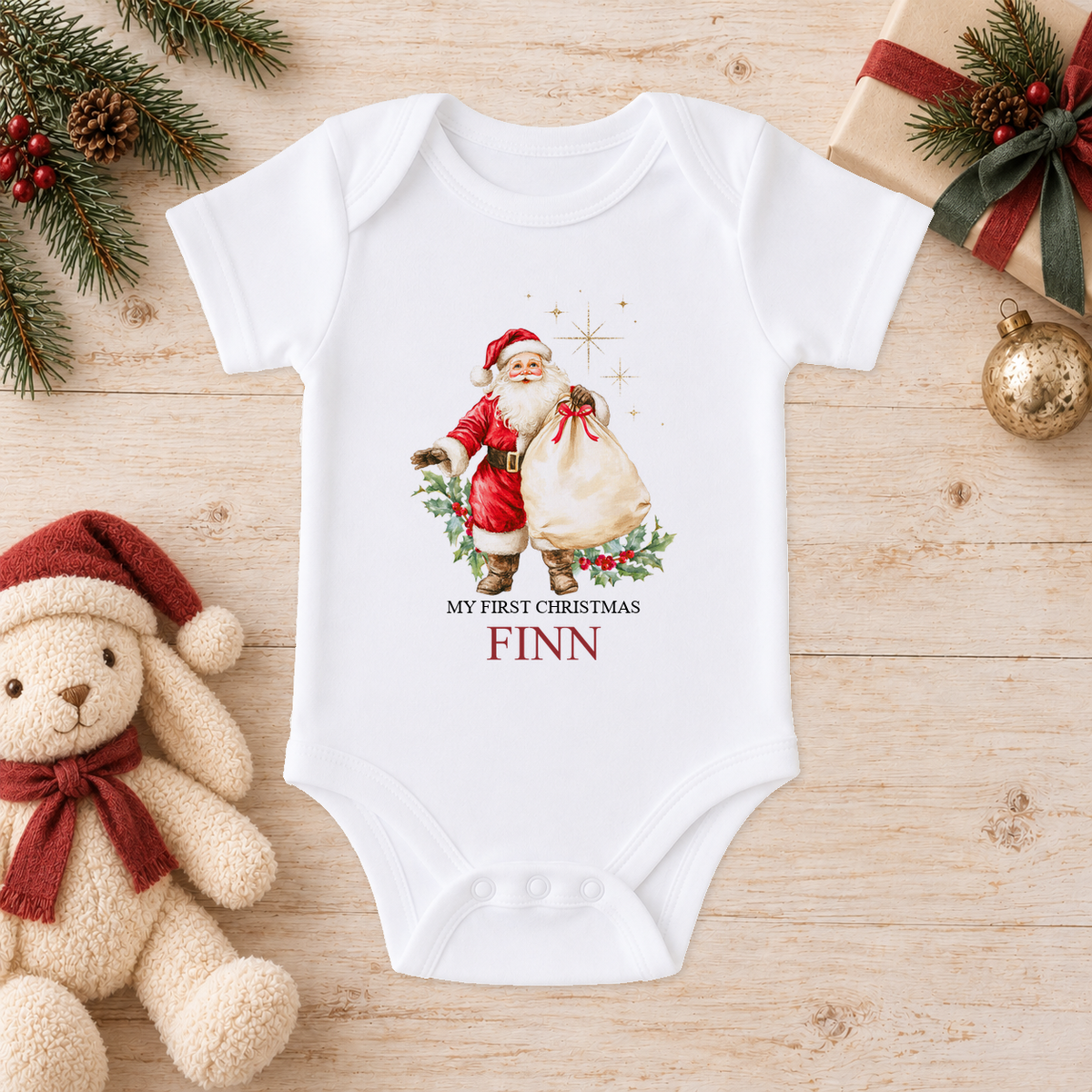 Personalised Vintage Father Christmas baby Christmas vest with a custom name