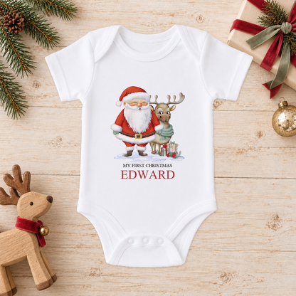Personalised Santa and Reindeer baby Christmas vest with a custom name