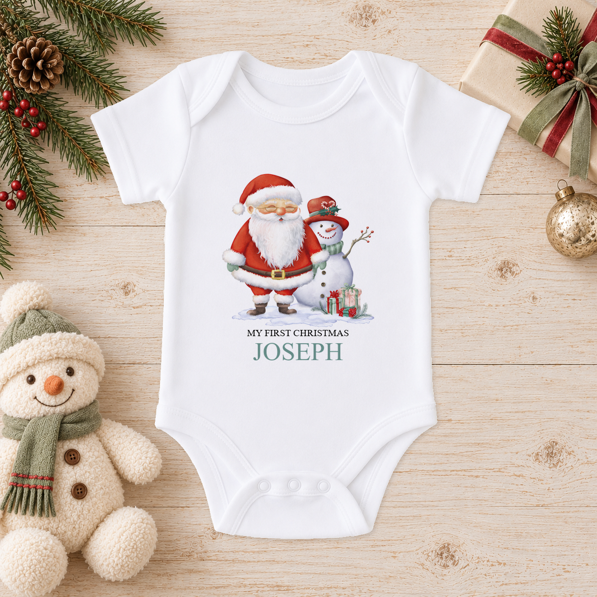 Personalised Santa and Snowman baby Christmas vest with a custom name