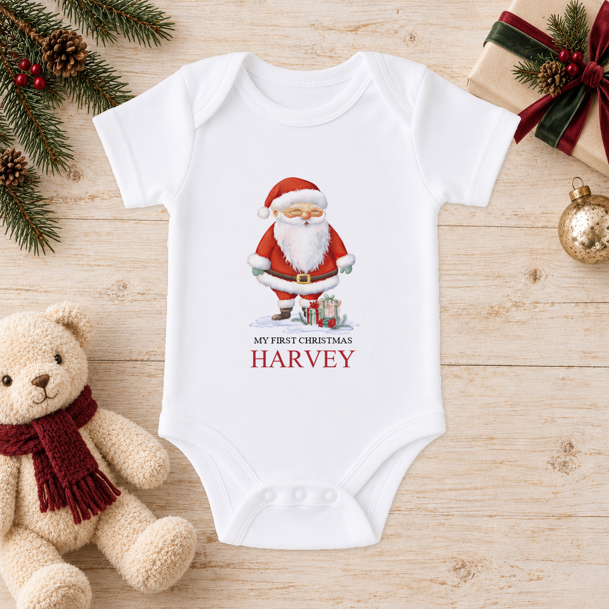 Personalised Santa with Gifts baby Christmas vest with a custom name