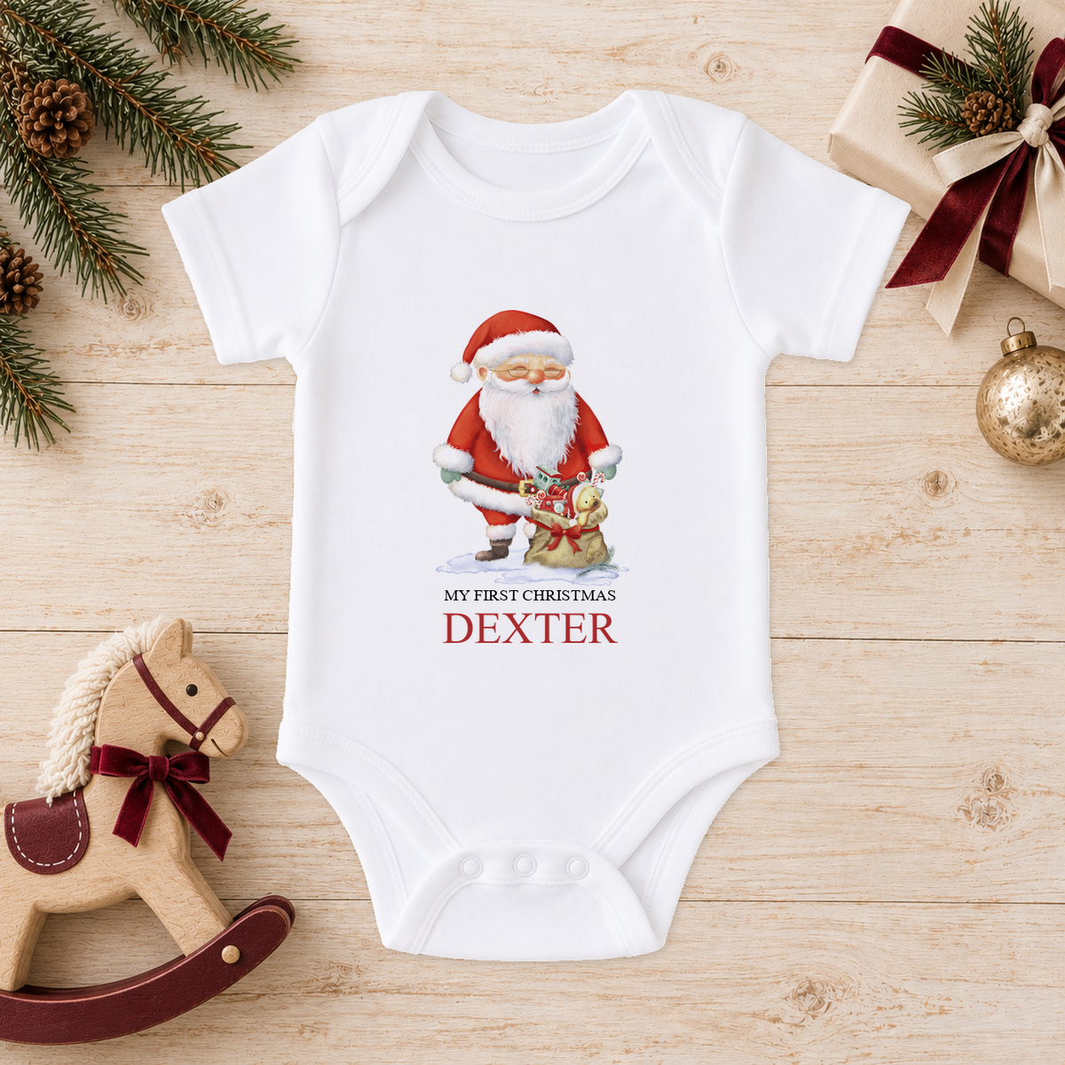 Personalised Santa and Toy Sack baby Christmas vest with a custom name