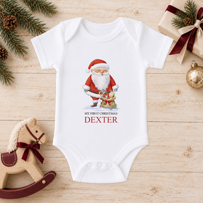 Personalised Santa and Toy Sack baby Christmas vest with a custom name