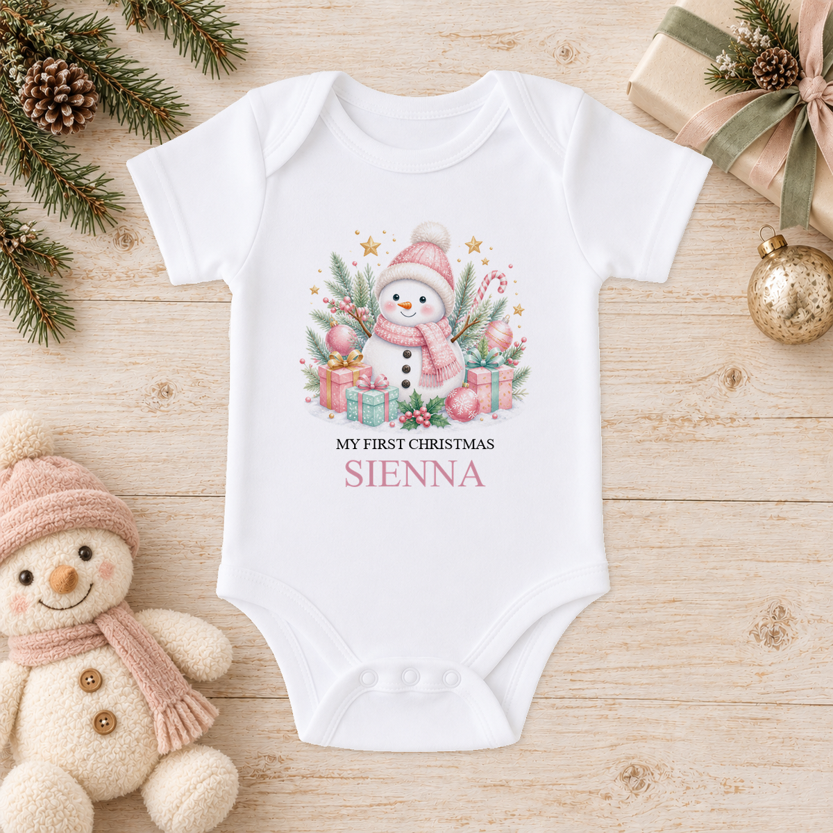 Personalised Pink Snowman baby Christmas vest with a custom name