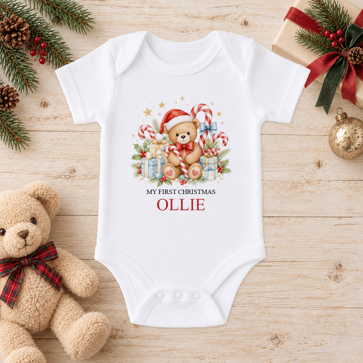 Personalised Candy Cane Teddy baby Christmas vest with a custom name