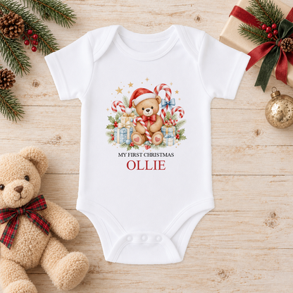 Personalised Candy Cane Teddy baby Christmas vest with a custom name