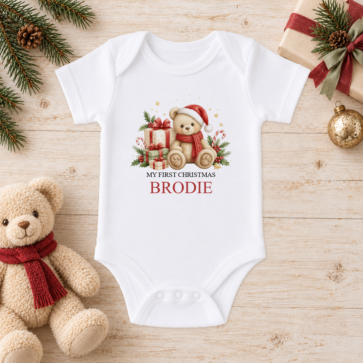 Personalised Cosy Scarf Teddy baby Christmas vest with a custom name