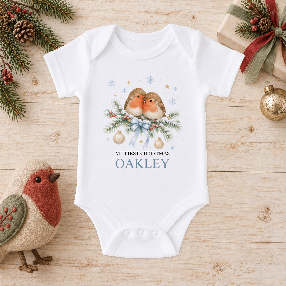 Personalised Two Robins baby Christmas vest with a custom name