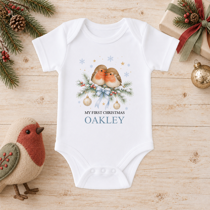 Personalised Two Robins baby Christmas vest with a custom name
