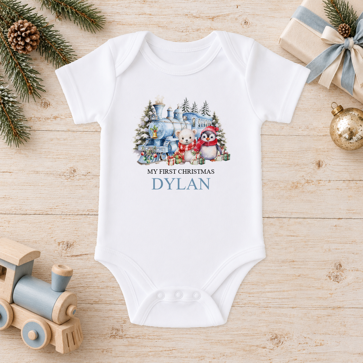 Personalised Winter Christmas Train baby Christmas vest with a custom name