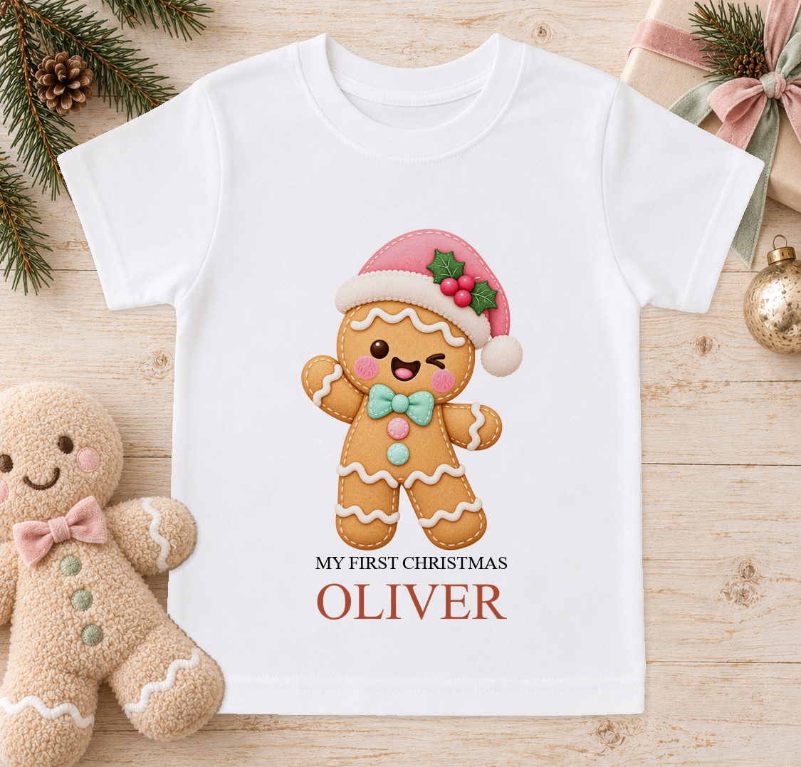 Personalised Gingerbread Santa Hat baby Christmas t-shirt with a custom name