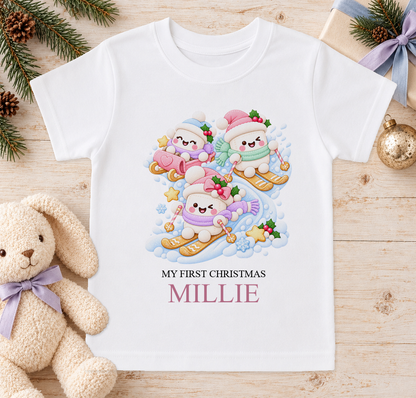 Personalised Snowman Ski Day baby Christmas t-shirt with a custom name