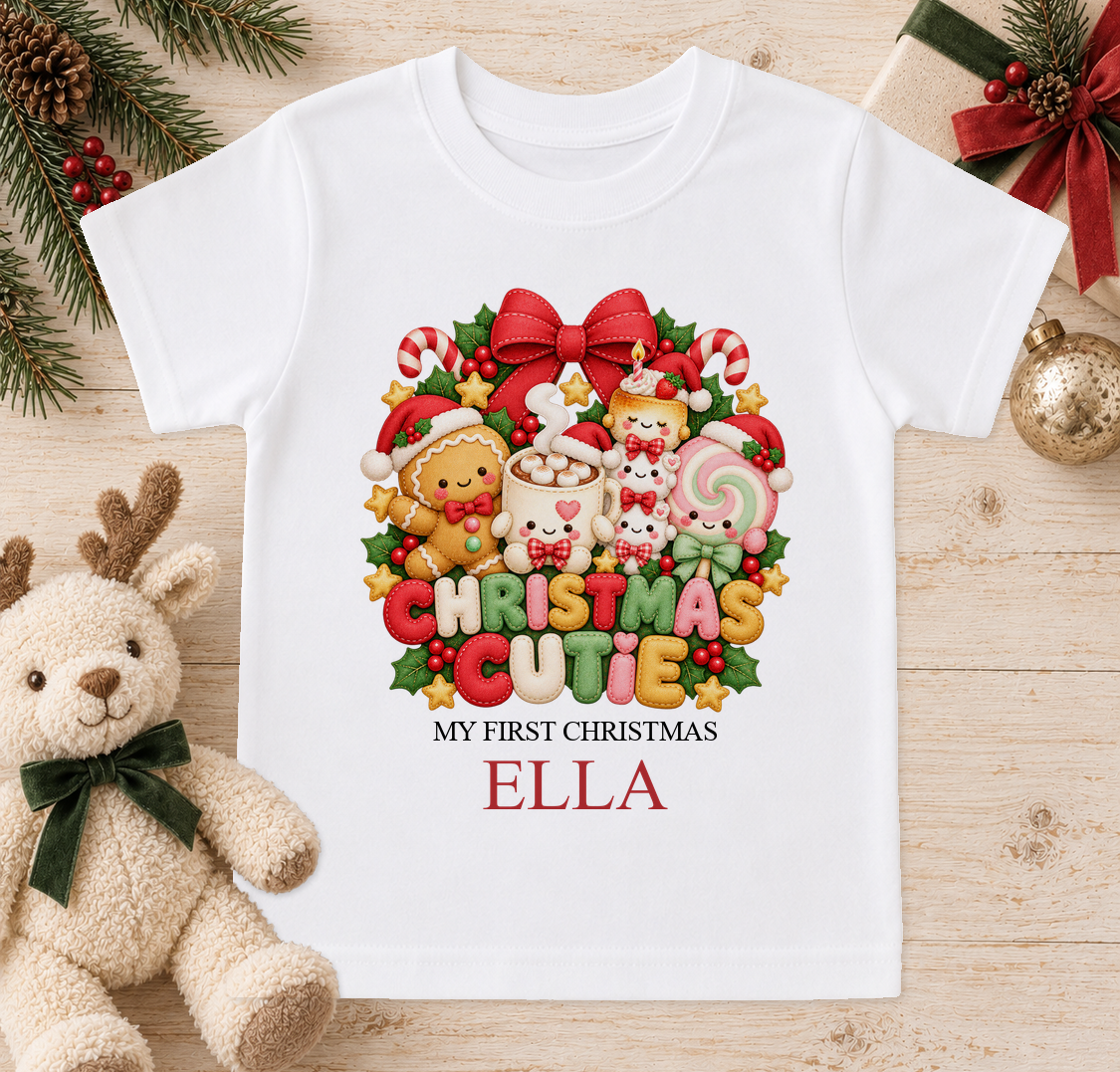 Personalised Christmas Cutie baby Christmas t-shirt with a custom name