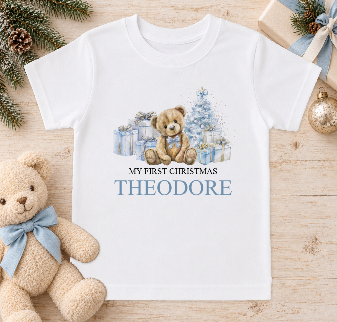 Personalised Blue Teddy and Presents baby Christmas t-shirt with a custom name