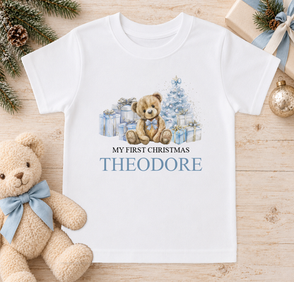 Personalised Blue Teddy and Presents baby Christmas t-shirt with a custom name
