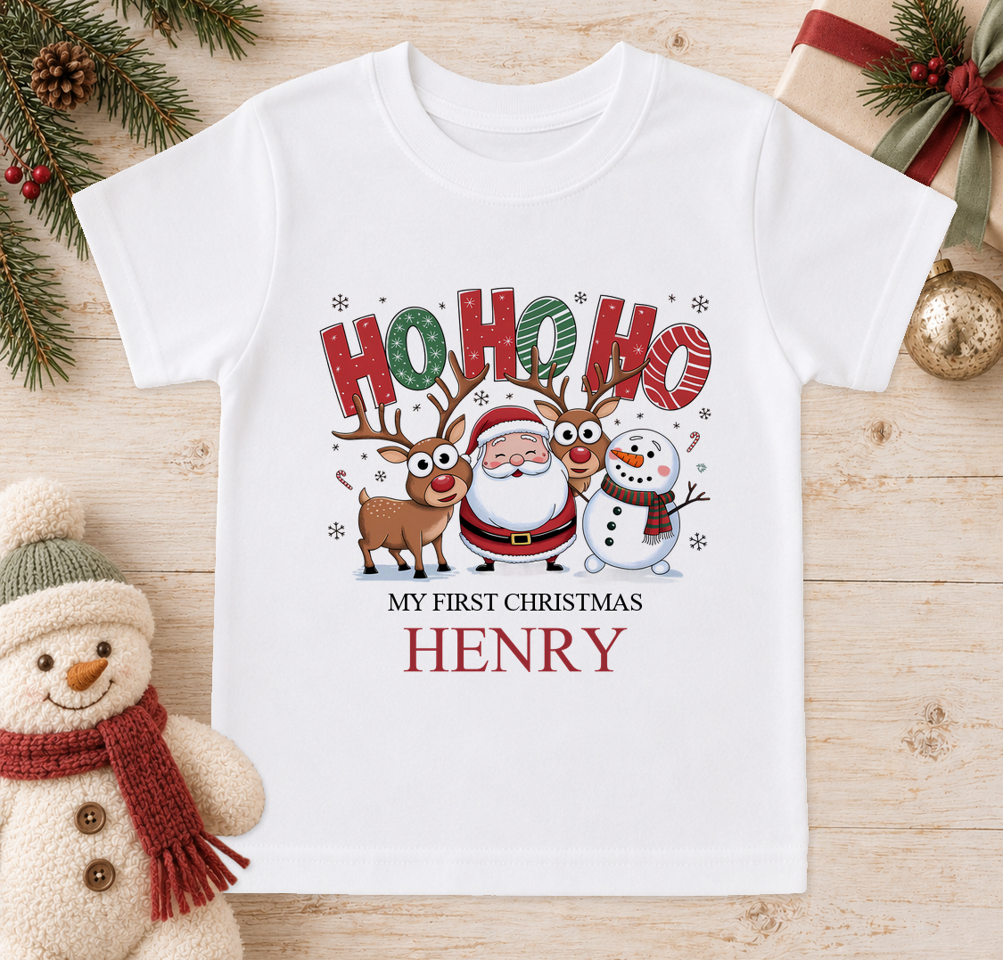 Personalised Ho Ho Ho baby Christmas t-shirt with a custom name