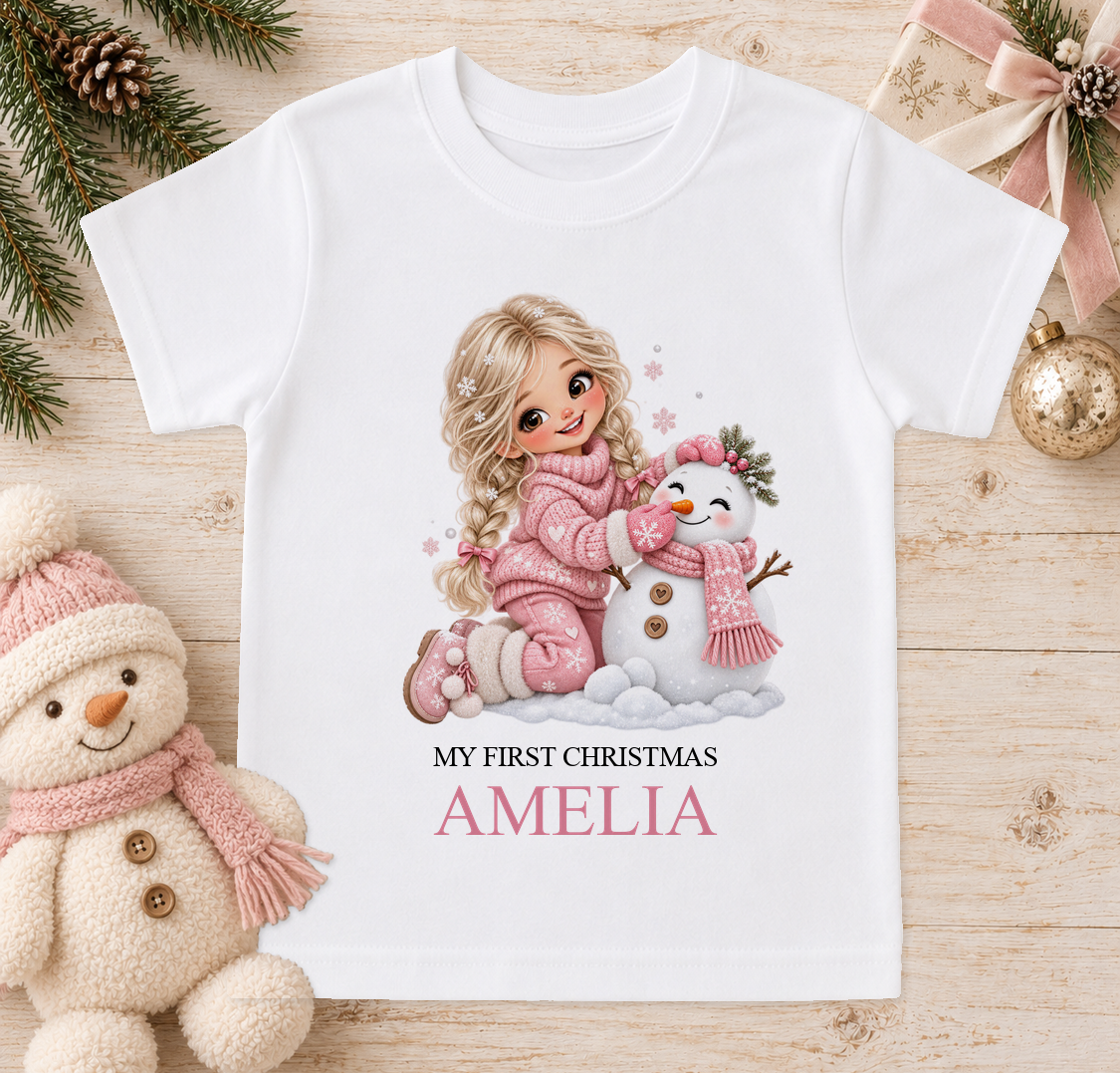 Personalised Blonde Girl and Snowman baby Christmas t-shirt with a custom name
