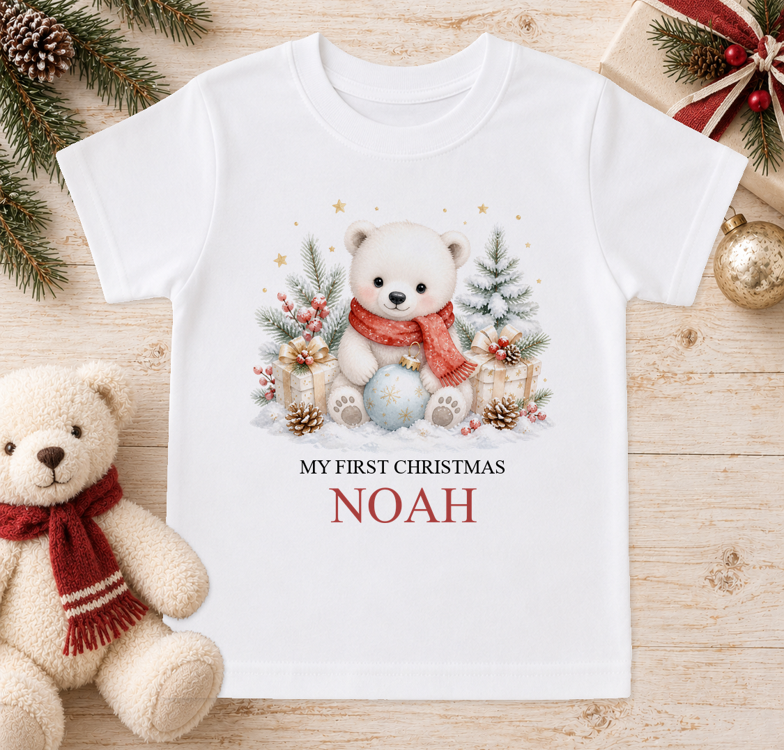 Personalised Polar Bear in Red Scarf baby Christmas t-shirt with a custom name