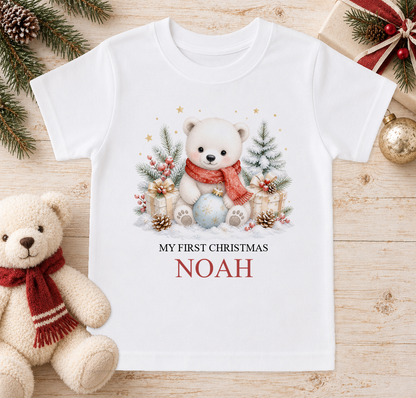 Personalised Polar Bear in Red Scarf baby Christmas t-shirt with a custom name