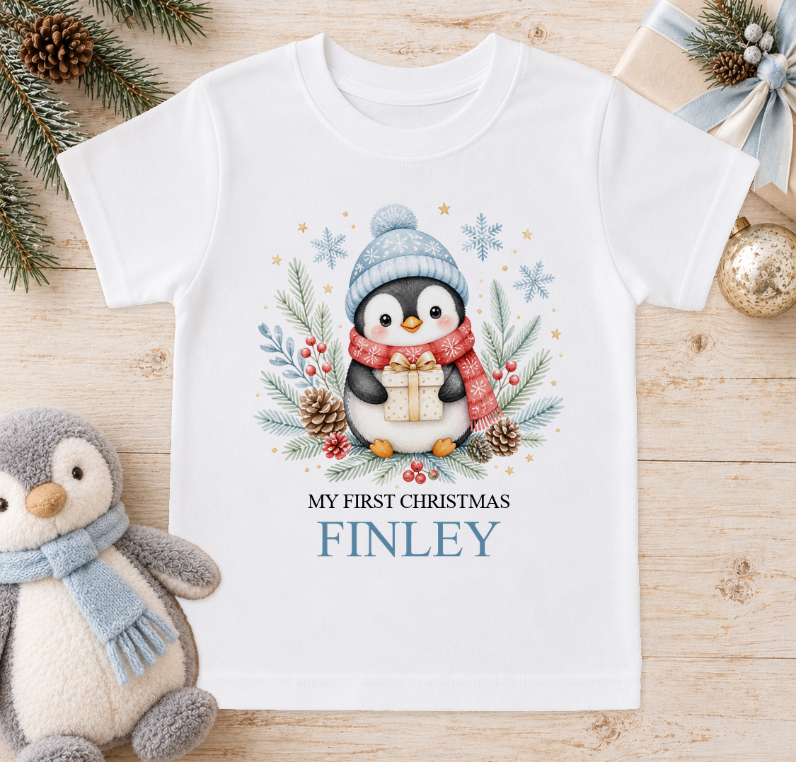 Personalised Penguin with Present baby Christmas t-shirt with a custom name