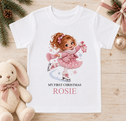 Personalised Ice Skating Girl baby Christmas t-shirt with a custom name