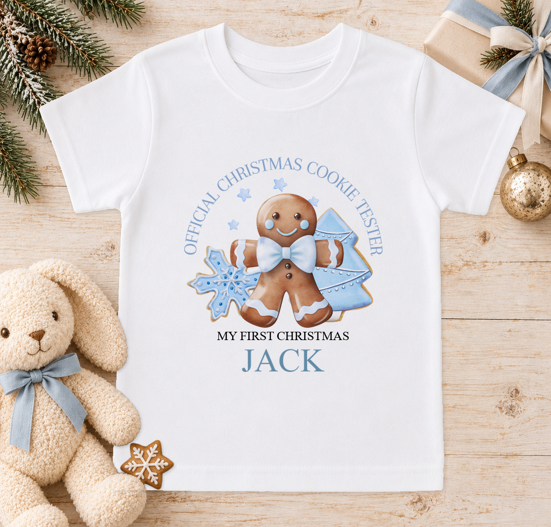 Personalised Blue Cookie Tester baby Christmas t-shirt with a custom name