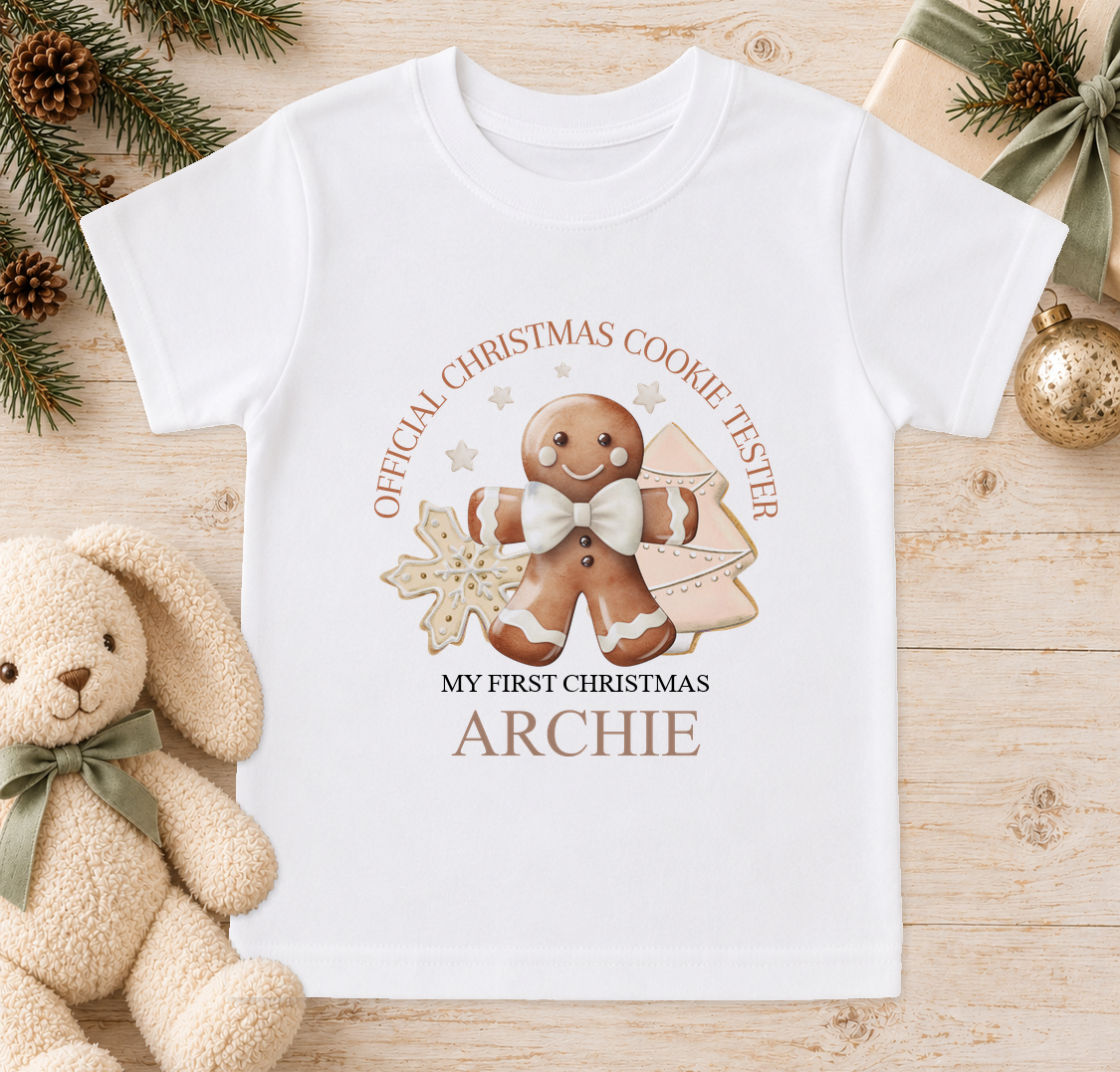 Personalised Classic Cookie Tester baby Christmas t-shirt with a custom name