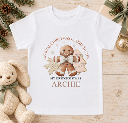 Personalised Classic Cookie Tester baby Christmas t-shirt with a custom name
