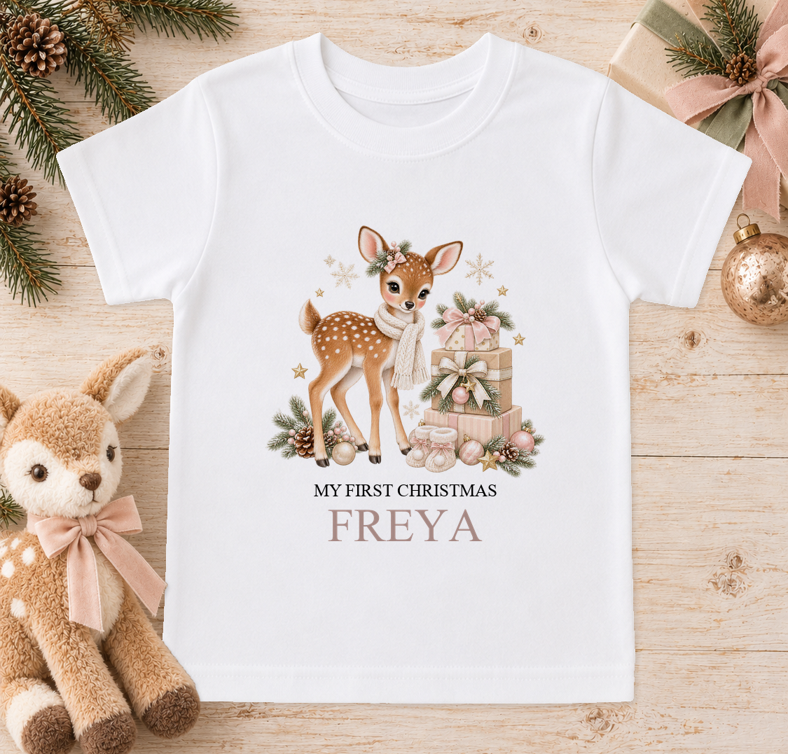 Personalised Fawn and Gift Stack baby Christmas t-shirt with a custom name