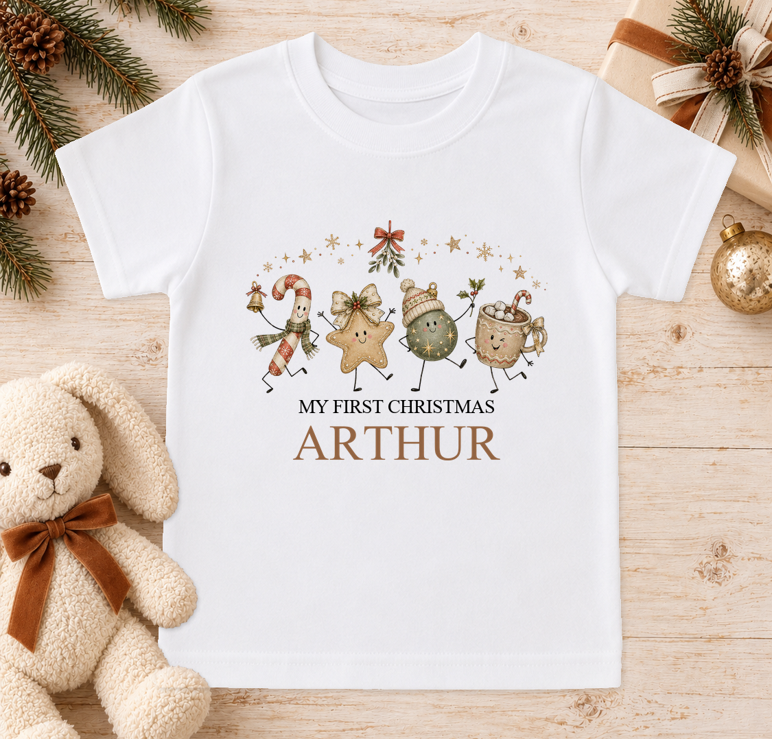 Personalised Festive Friends baby Christmas t-shirt with a custom name