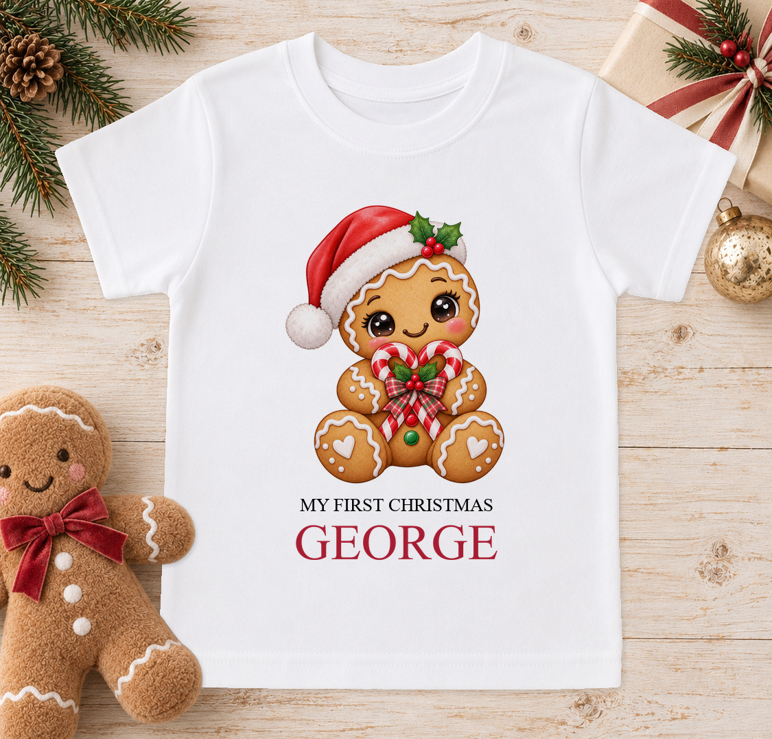 Personalised Gingerbread Candy Cane Heart baby Christmas t-shirt with a custom name
