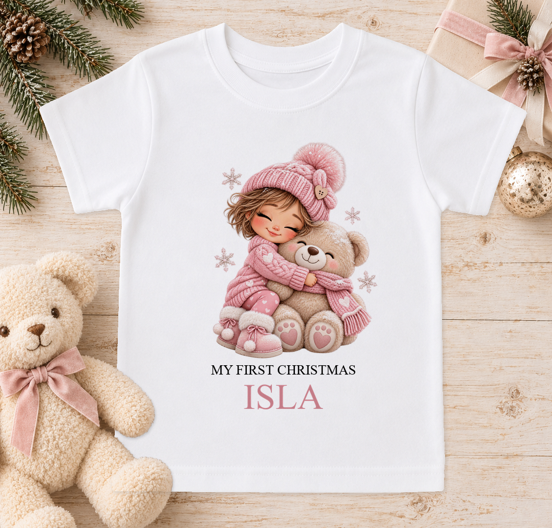 Personalised Girl Hugging Teddy baby Christmas t-shirt with a custom name