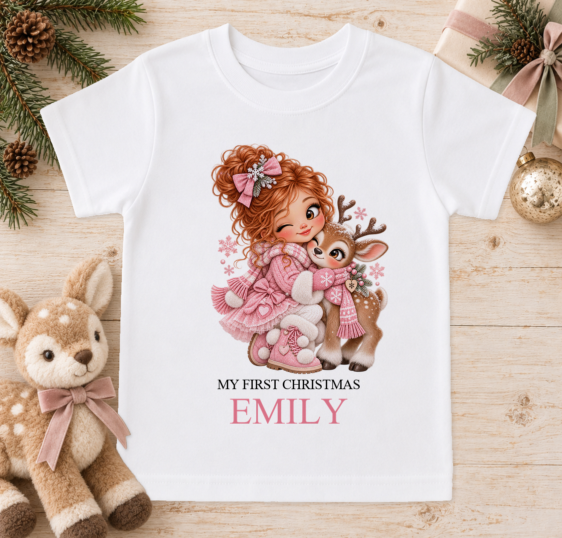 Personalised Girl Hugging Reindeer baby Christmas t-shirt with a custom name