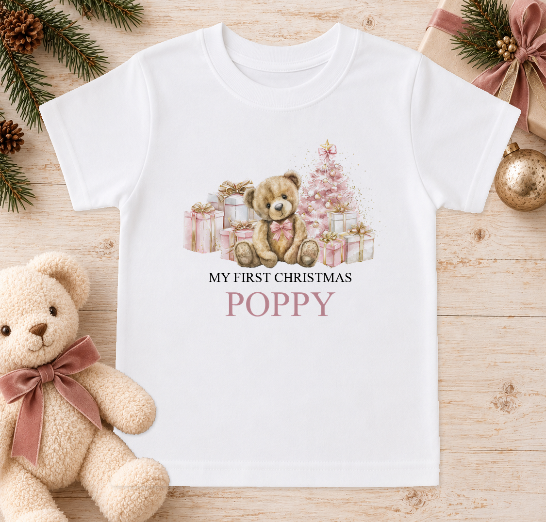 Personalised Pink Teddy and Presents baby Christmas t-shirt with a custom name
