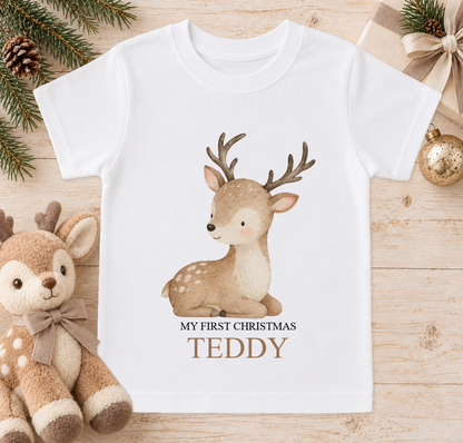 Personalised Baby Reindeer baby Christmas t-shirt with a custom name