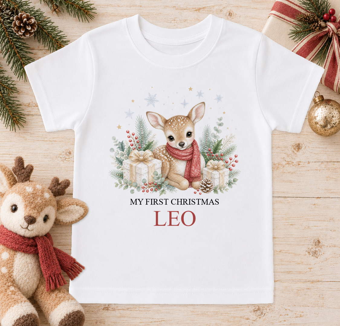 Personalised Baby Deer Red Scarf baby Christmas t-shirt with a custom name