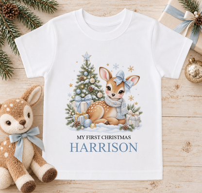 Personalised Blue Bow Fawn baby Christmas t-shirt with a custom name
