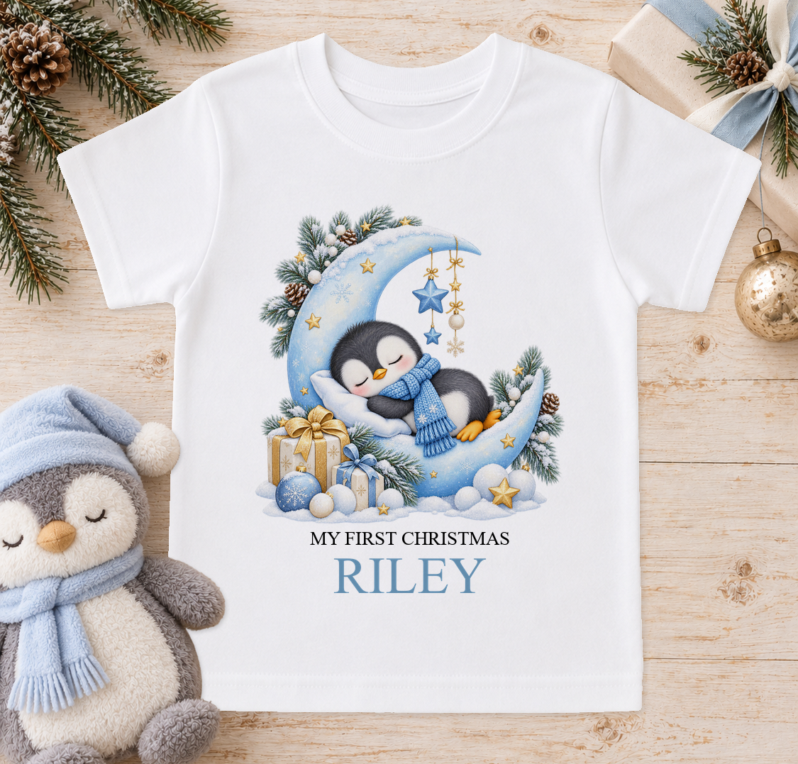 Personalised Sleepy Penguin Moon baby Christmas t-shirt with a custom name