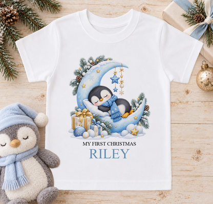 Personalised Sleepy Penguin Moon baby Christmas t-shirt with a custom name