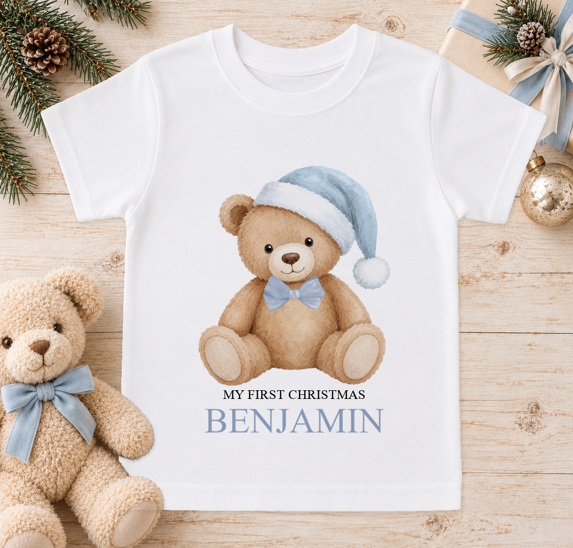 Personalised Blue Hat Teddy baby Christmas t-shirt with a custom name