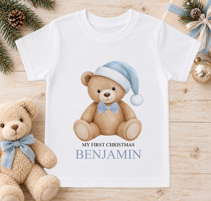 Personalised Blue Hat Teddy baby Christmas t-shirt with a custom name