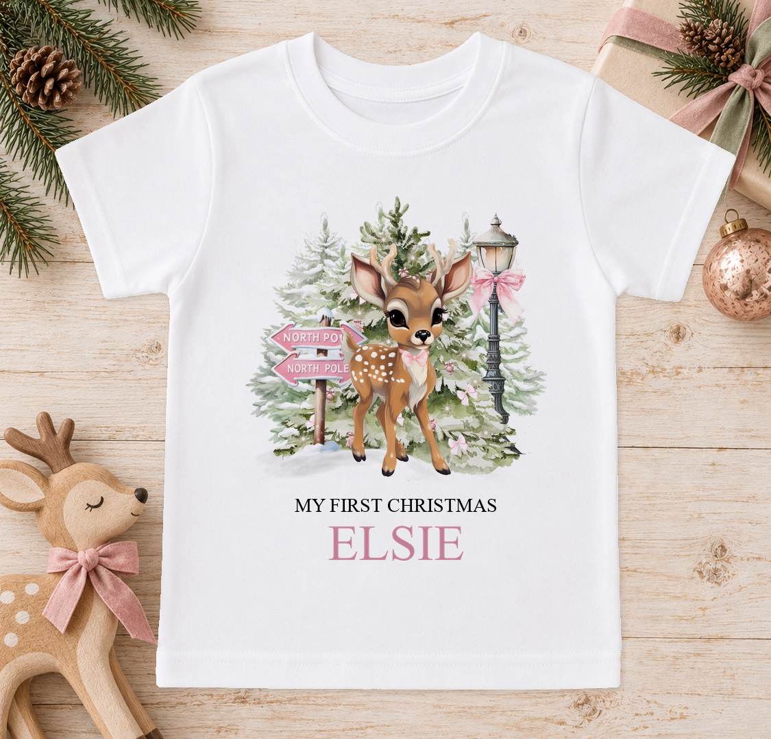 Personalised North Pole Fawn Pink Bow baby Christmas t-shirt with a custom name