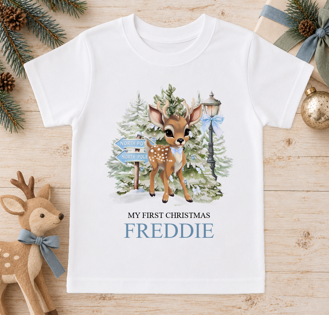 Personalised North Pole Fawn Blue Bow baby Christmas t-shirt with a custom name