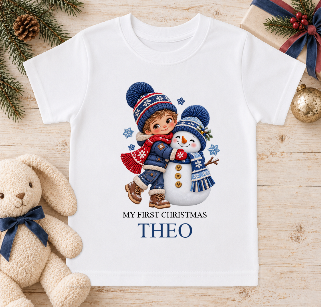 Personalised Boy Hugging Snowman baby Christmas t-shirt with a custom name