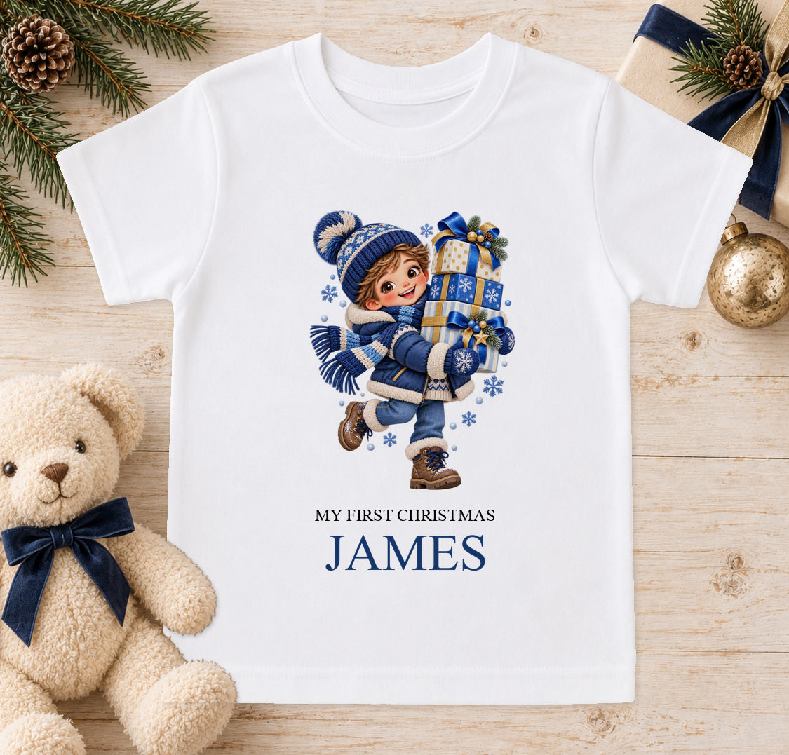 Personalised Boy with Presents baby Christmas t-shirt with a custom name