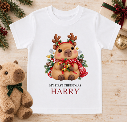 Personalised Capybara Reindeer baby Christmas t-shirt with a custom name