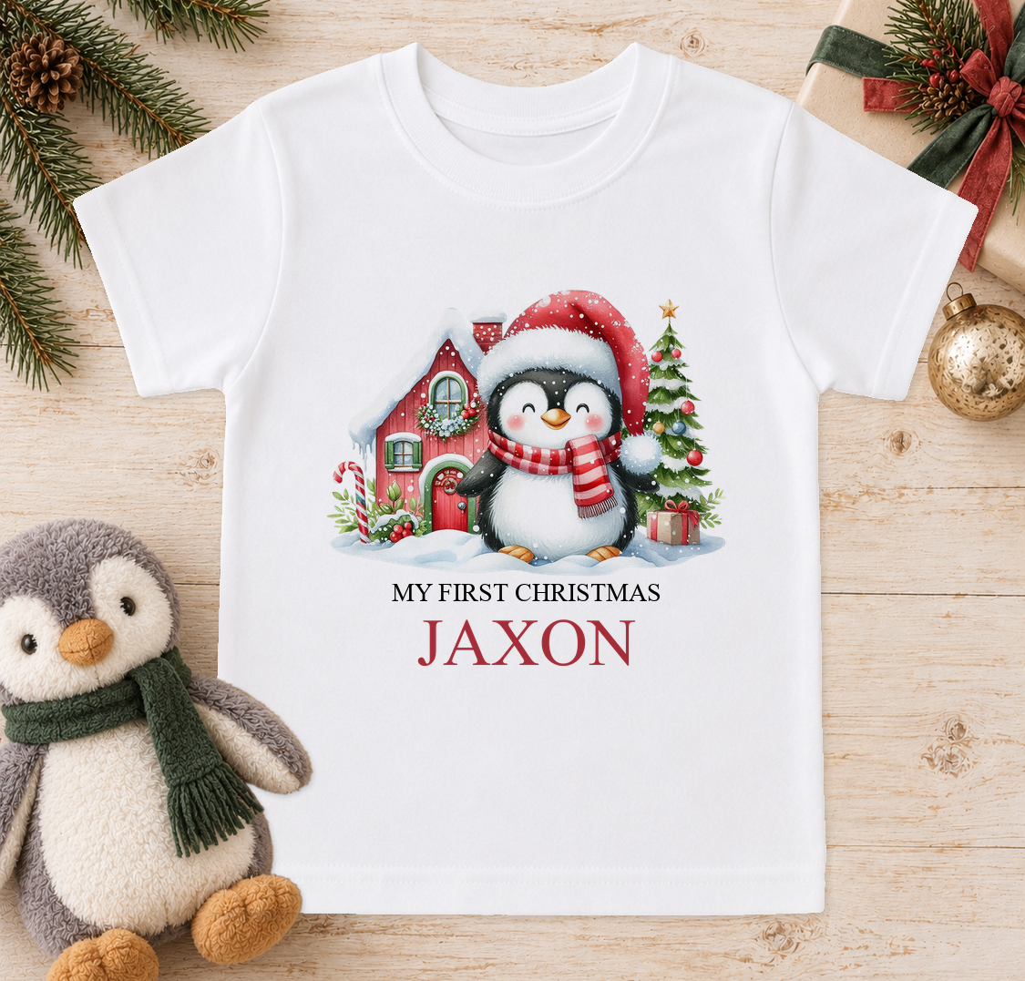 Personalised Santa Hat Penguin baby Christmas t-shirt with a custom name