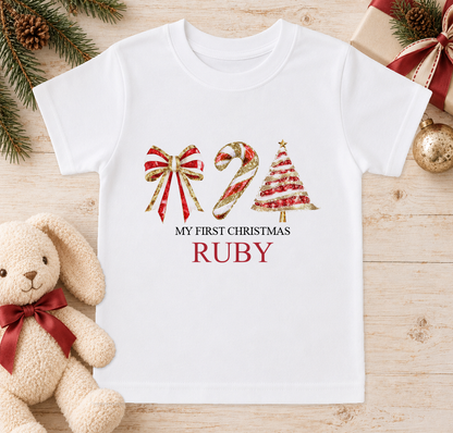 Personalised Bow, Candy Cane and Tree baby Christmas t-shirt with a custom name