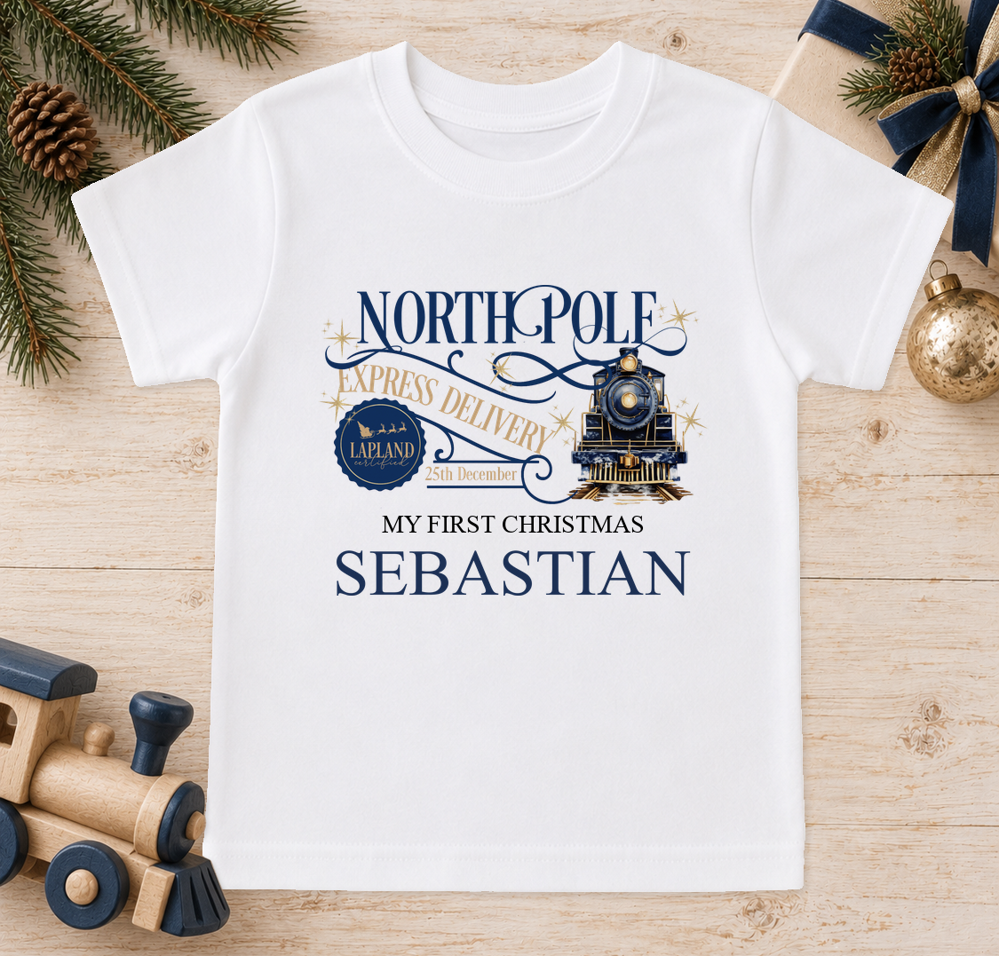Personalised North Pole Express Navy Train baby Christmas t-shirt with a custom name